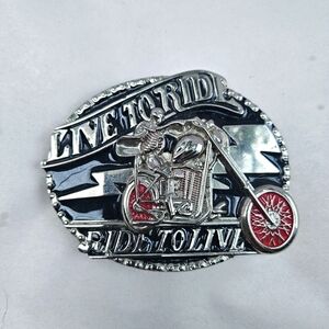 Unisex "Live To Ride - Ride To Live" Skelton Riding Motorcycle Belt Buckle